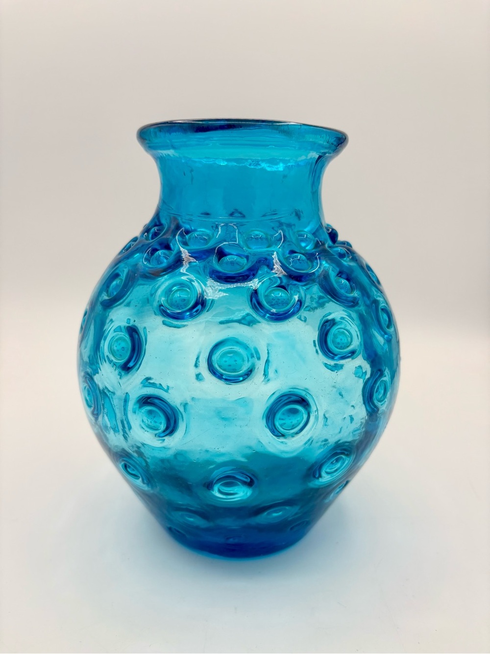 VINTAGE Mid Century Empoli Blue Hobnail
Bulbous Glass Vase Italy Rounded Rare